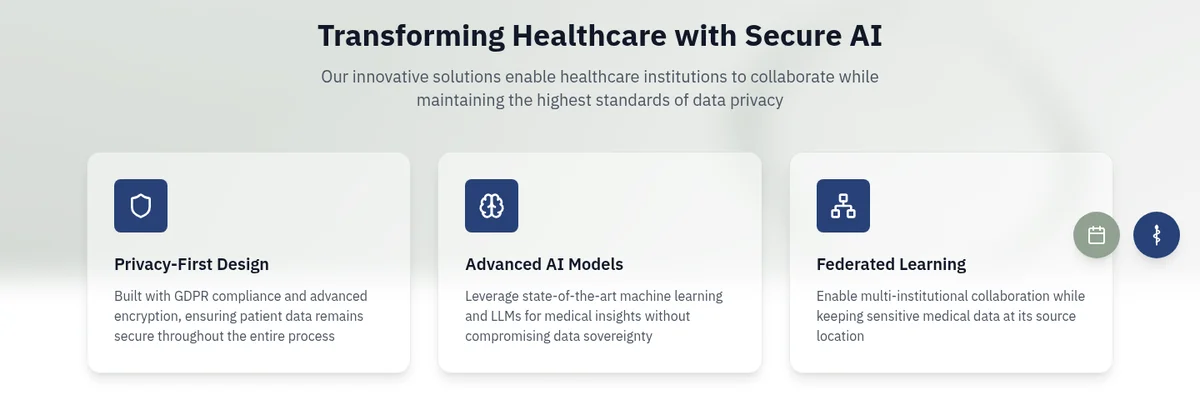 The three cards from the previous site: Privacy-First Design, Advanced AI Models and Federated Learning, each with a navy icon tile.