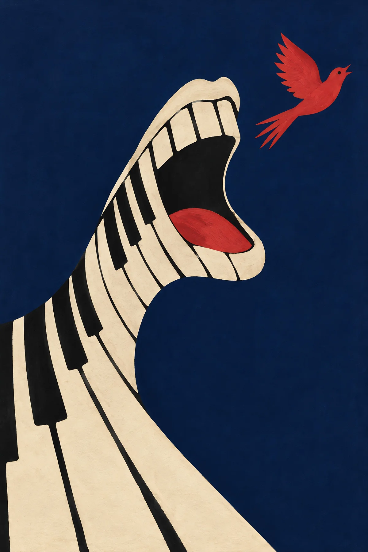 Poster: piano keys curving up into a singing mouth, with a small red bird flying out.