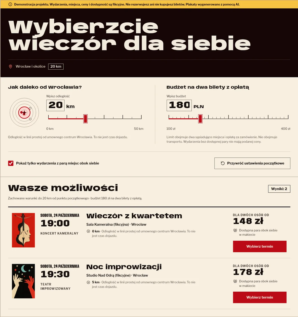 Przeprojektowane wyszukiwanie wydarzeń: nagłówek w stylu plakatu, mapa okręgów odległości obok suwaka promienia, budżet dla dwóch osób i lista wydarzeń z plakatami i cenami za dwa bilety.