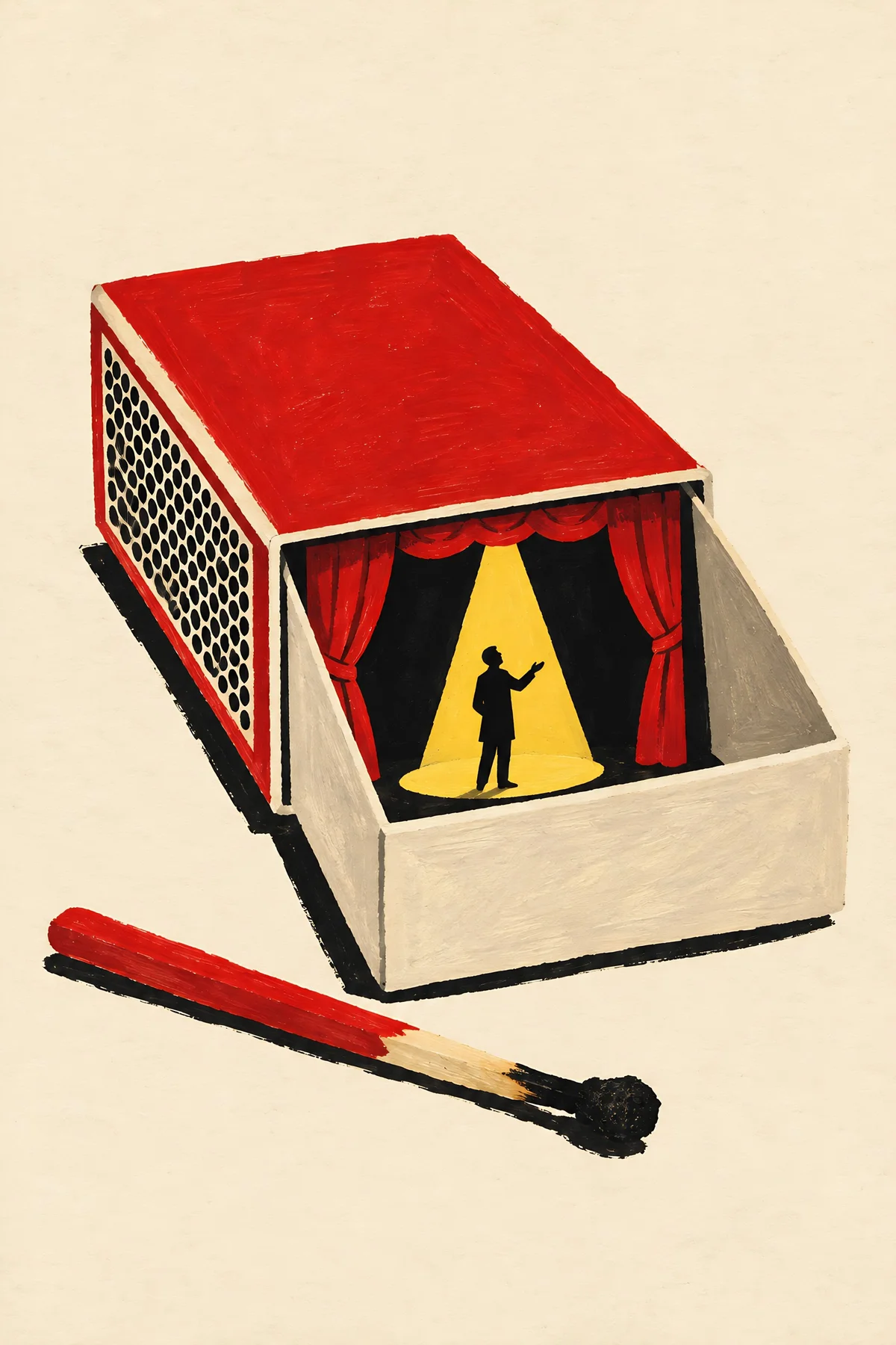 Poster: a matchbox drawer as a tiny stage with red curtains and one figure in a spotlight, a burnt match beside it.