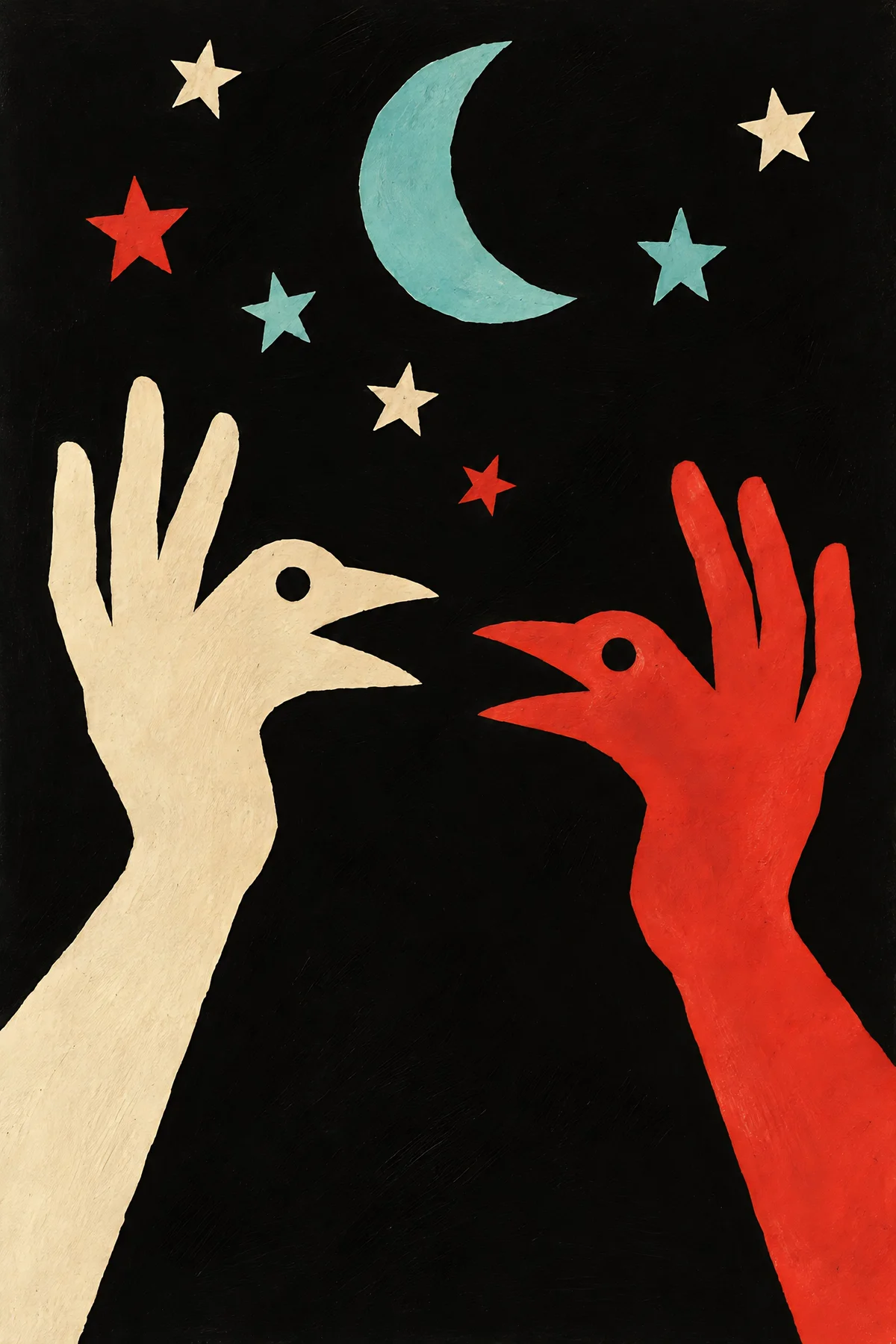 Poster: two hands making shadow-puppet birds that talk to each other under paper stars and a crescent moon.