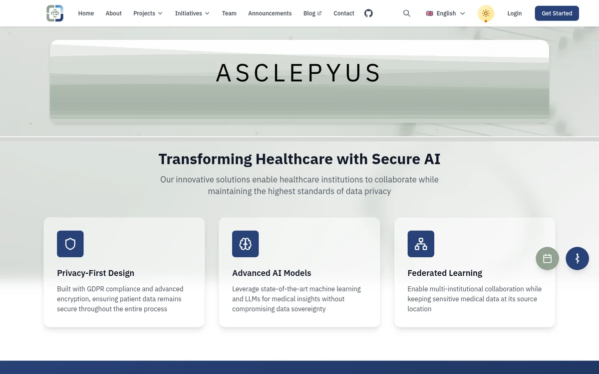 The previous Asclepyus home page: a white navigation bar with a navy Get Started button, a glassy banner reading ASCLEPYUS, the headline Transforming Healthcare with Secure AI and three white cards with shield, brain and network icons.