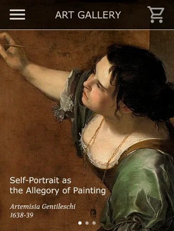 The first screen of the Art Gallery in Rome app prototype: Artemisia Gentileschi’s Self-Portrait as the Allegory of Painting under a dark header with a menu and a cart icon.