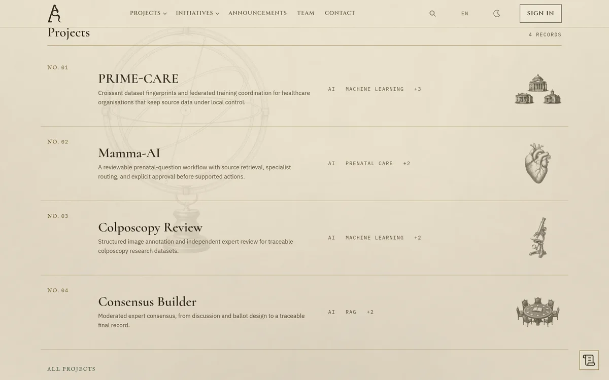 The projects list on the home page: numbered records such as PRIME-CARE and Mamma-AI, each with a short description, tags and a small engraving.