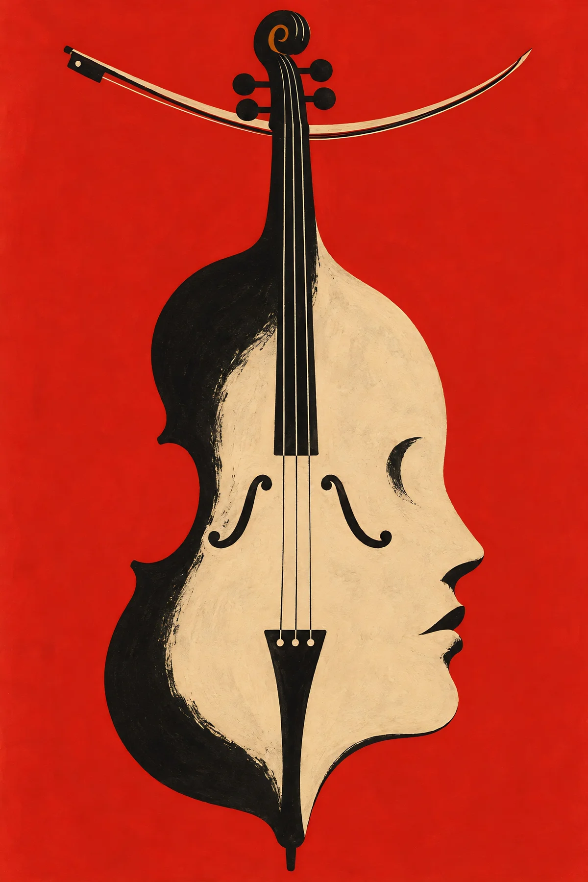 Poster: a cello whose body is a woman's face in profile, its sound holes her closed eyes and its bow a crescent moon.