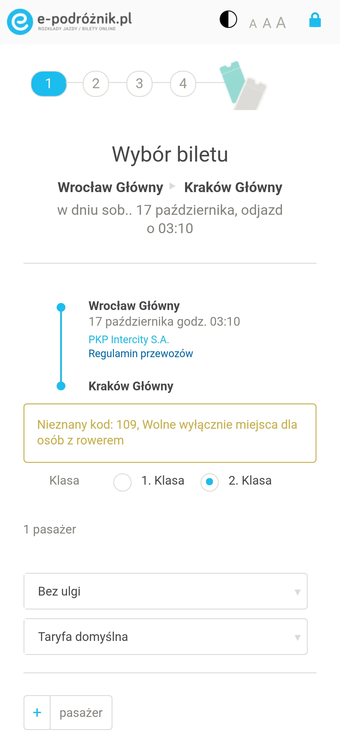 Original e-podróżnik mobile ticket screen for Wrocław Główny to Kraków Główny at 03:10, showing a code 109 message about places only for passengers with bicycles.