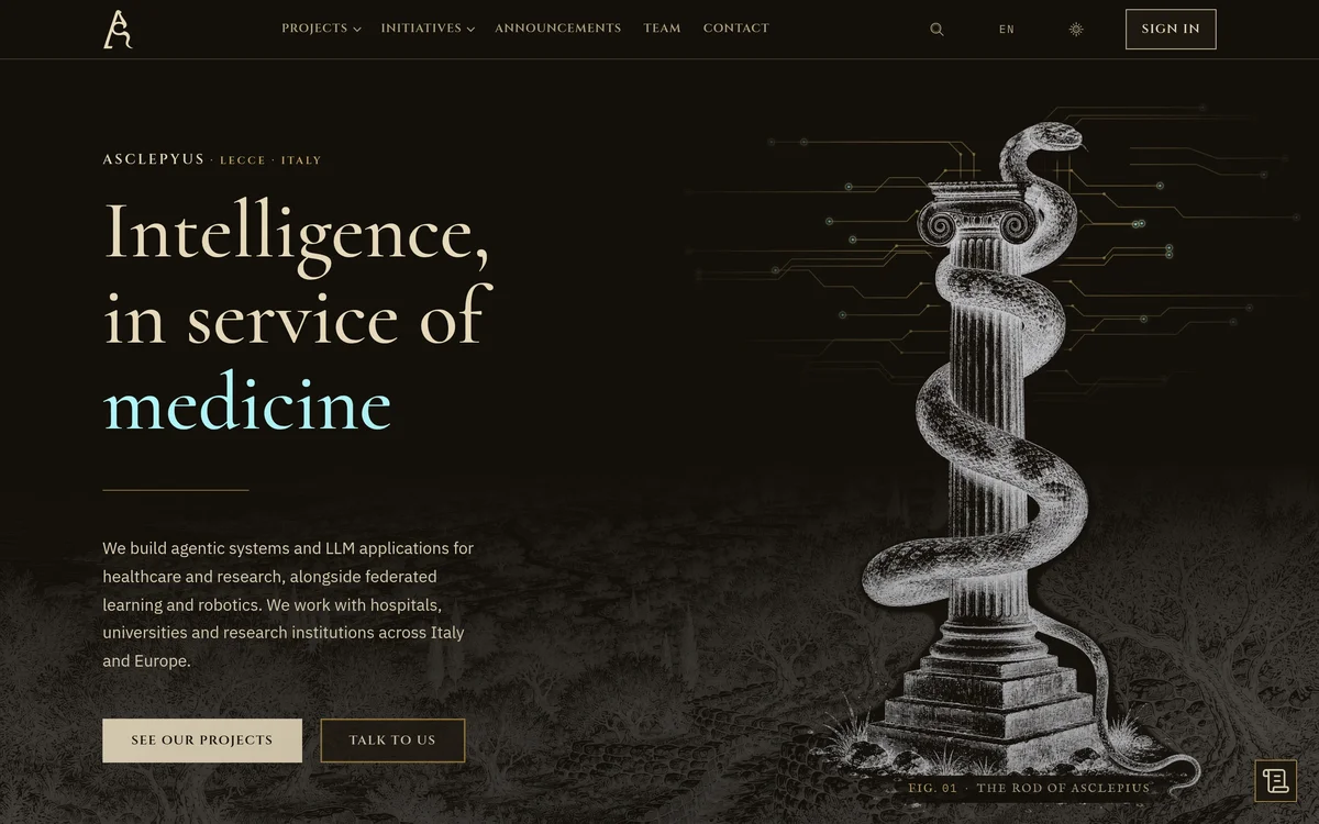 The redesigned home page in the dark theme: the same engraving rendered in light ink on a near-black background.